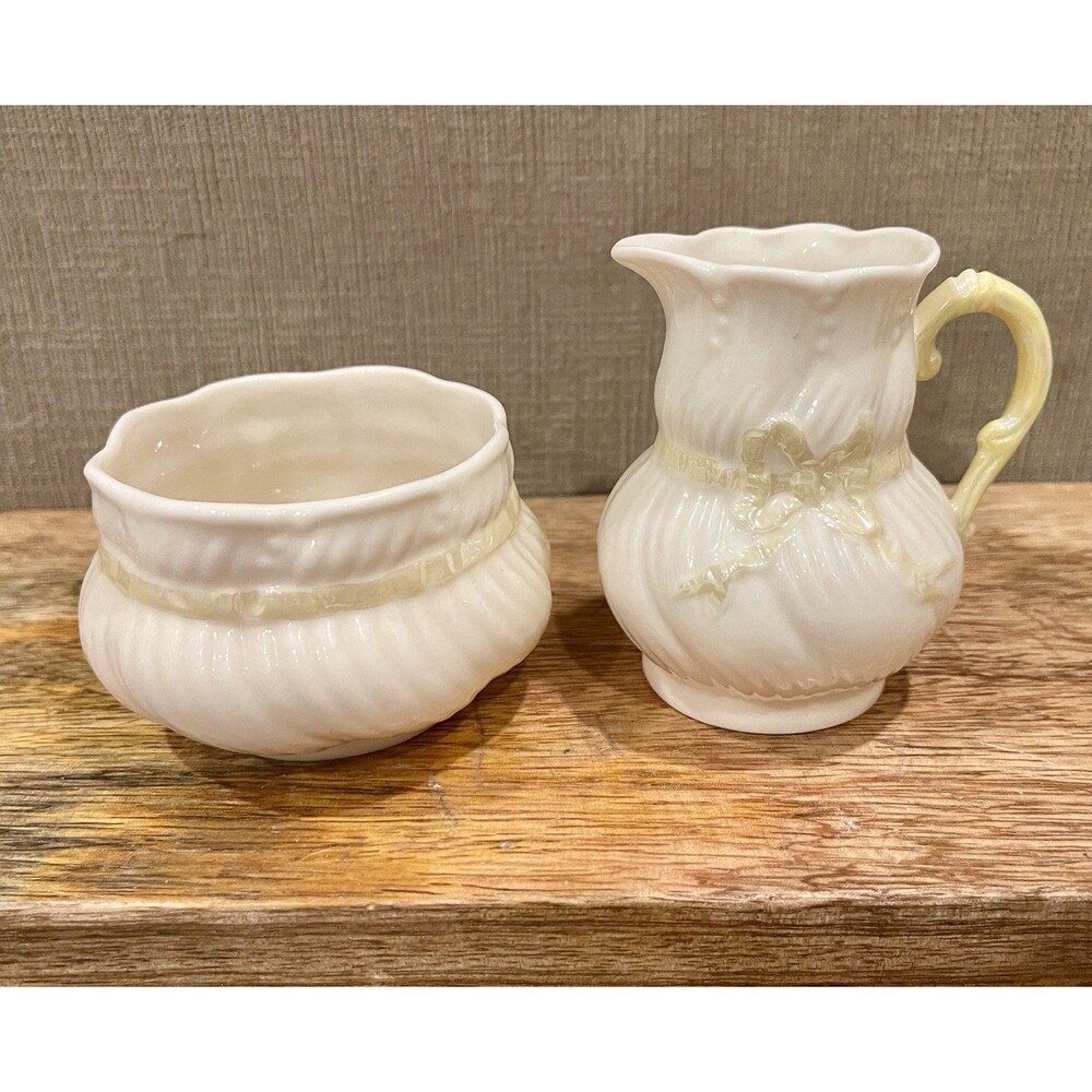 Vintage Belleek Ireland Parian China Creamer & Sugar Bowl Set, Green Mark